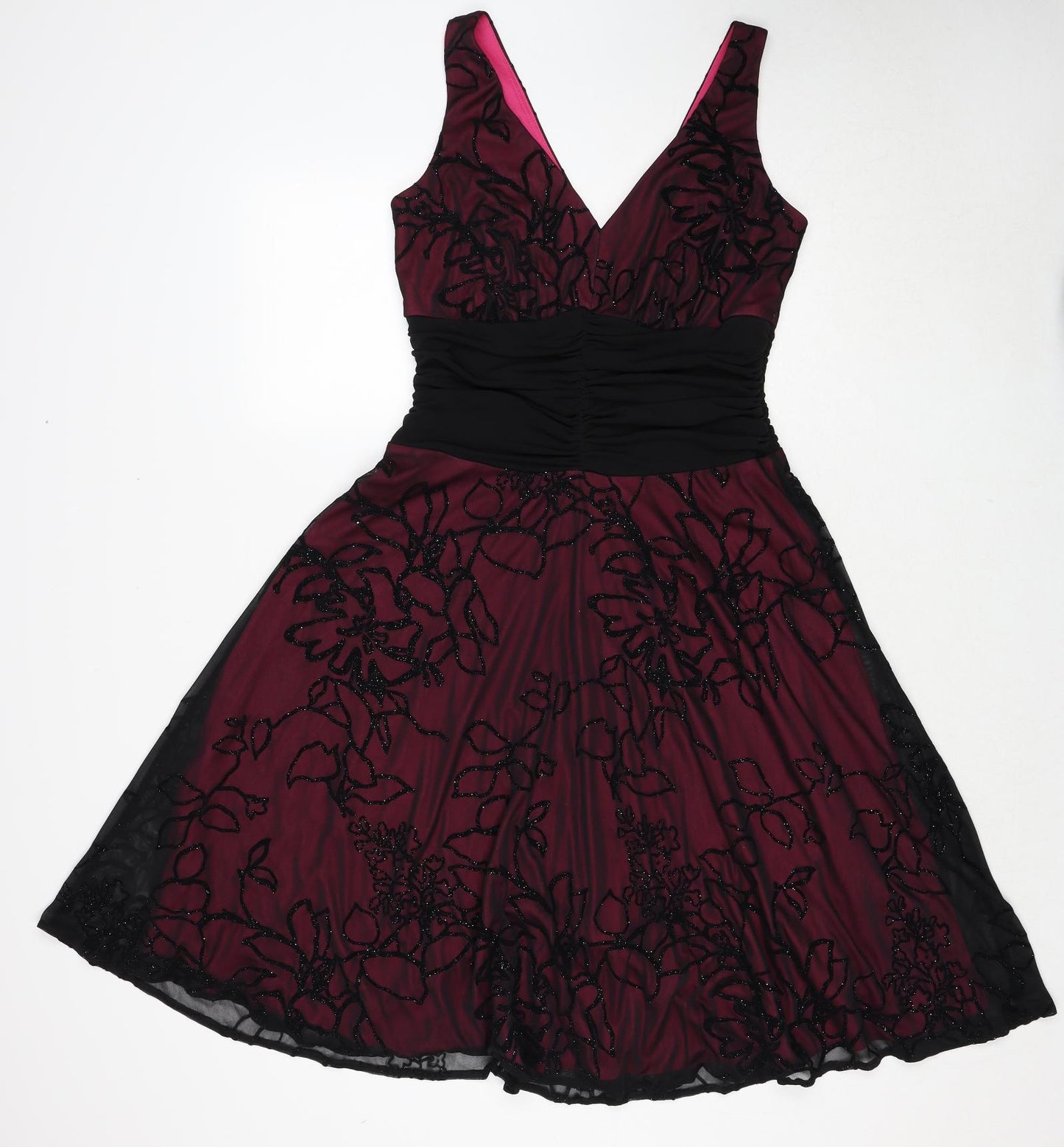 Nightingales Womens Black Floral Polyester Fit & Flare Size 12 V-Neck Pullover