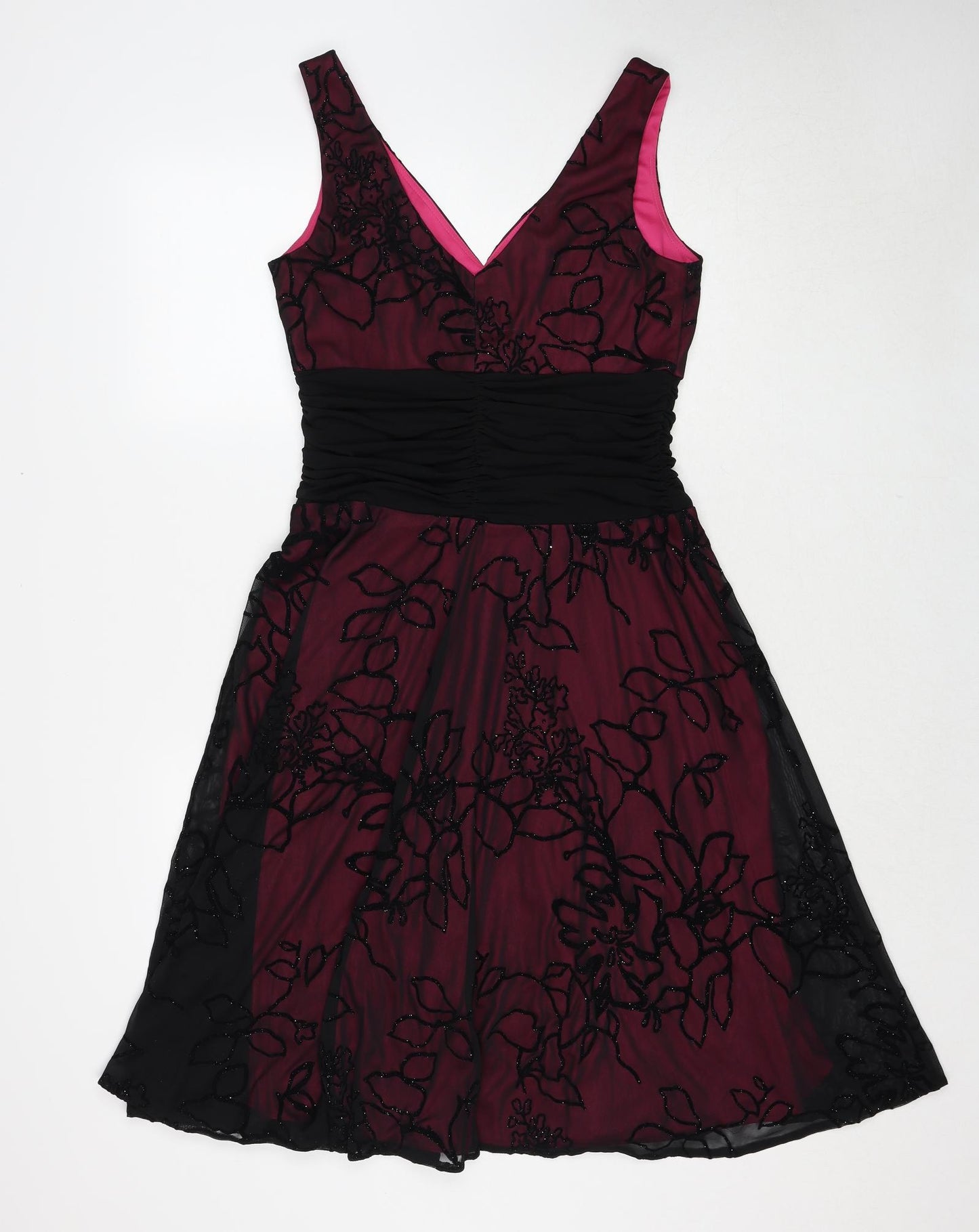 Nightingales Womens Black Floral Polyester Fit & Flare Size 12 V-Neck Pullover