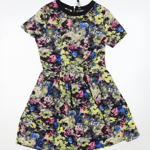Influence Womens Multicoloured Floral Polyester Skater Dress Size 10 Round Neck Zip