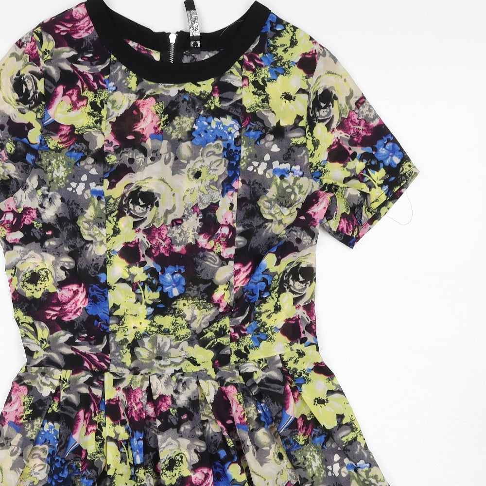Influence Womens Multicoloured Floral Polyester Skater Dress Size 10 Round Neck Zip