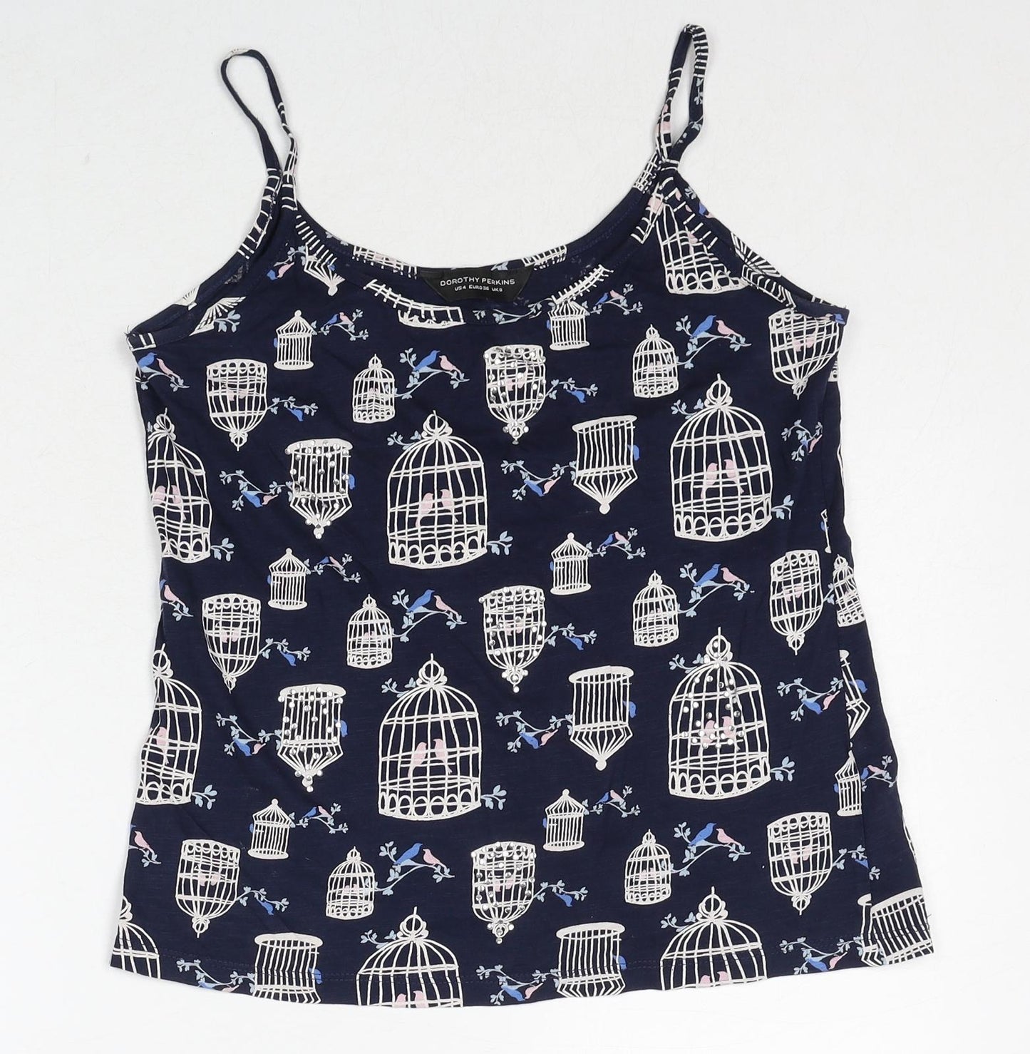 Dorothy Perkins Womens Blue Geometric Cotton Basic Tank Size 8 Round Neck - Bird Print