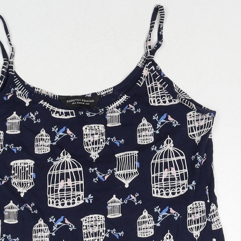 Dorothy Perkins Womens Blue Geometric Cotton Basic Tank Size 8 Round Neck - Bird Print