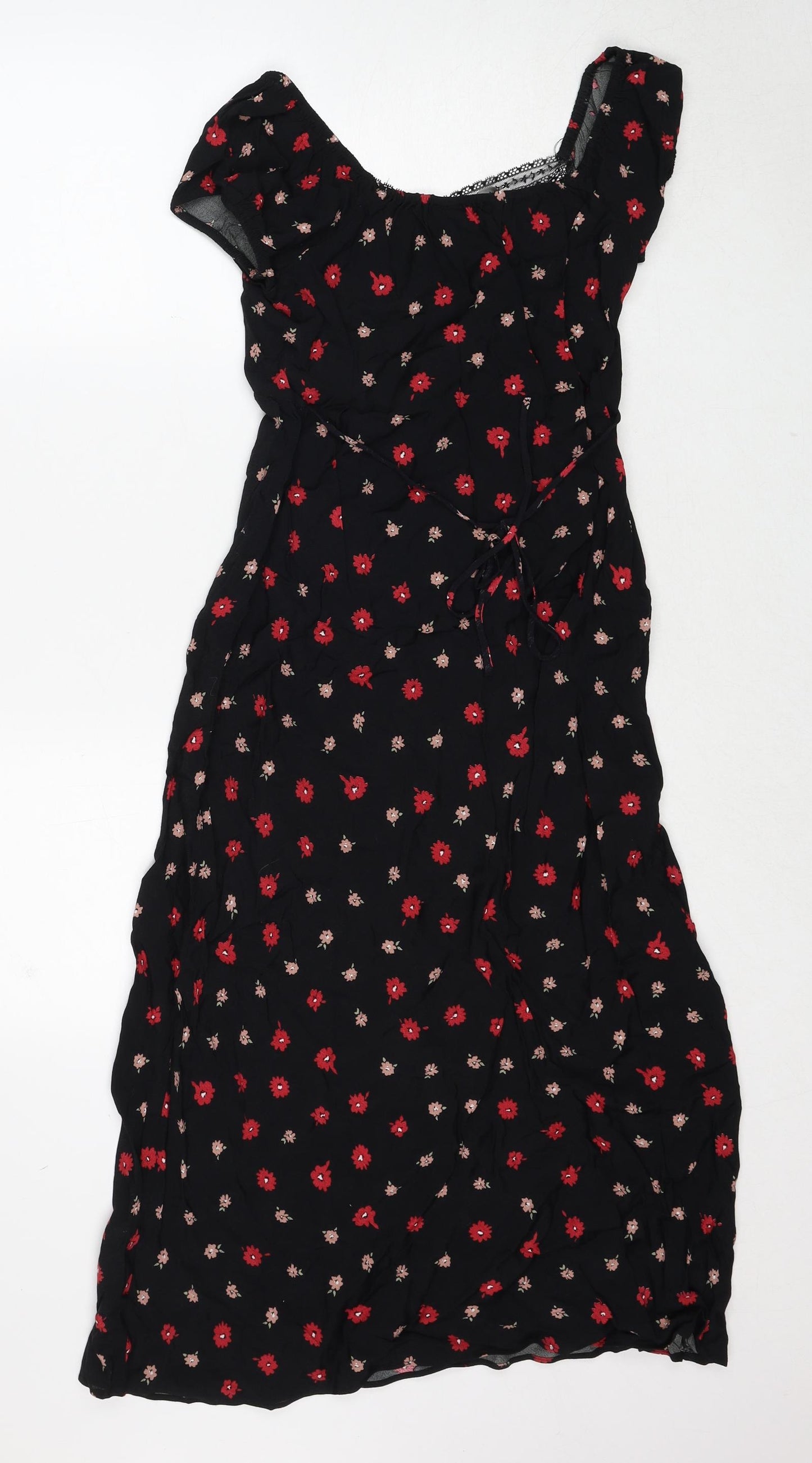Glassons Womens Black Floral Viscose Trapeze & Swing Size 8 V-Neck Pullover