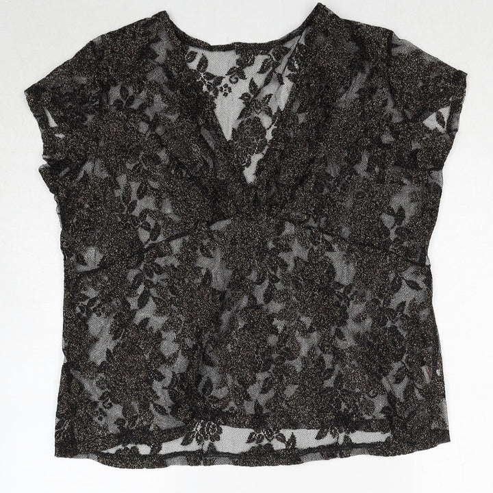 Bonmarché Womens Black Geometric Polyester Basic Blouse Size M V-Neck