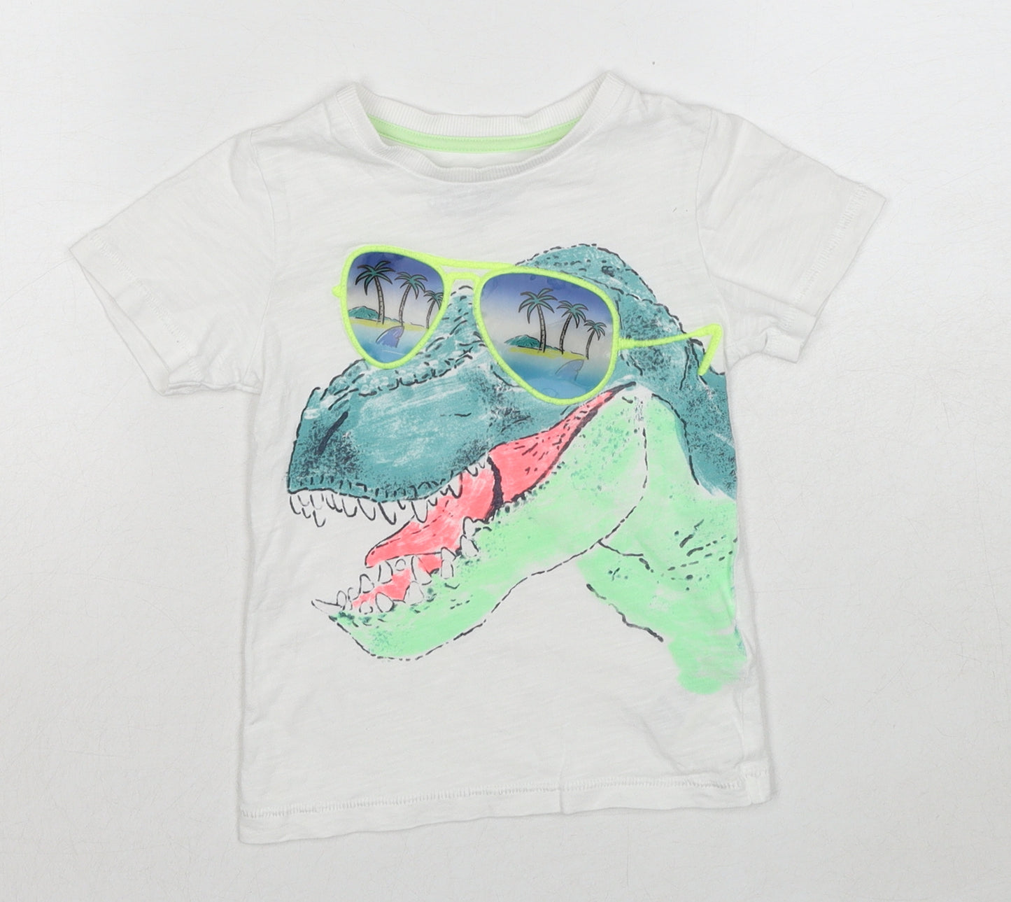 Marks and Spencer Boys White Cotton Pullover T-Shirt Size 2-3 Years Round Neck Pullover - Dinosaur