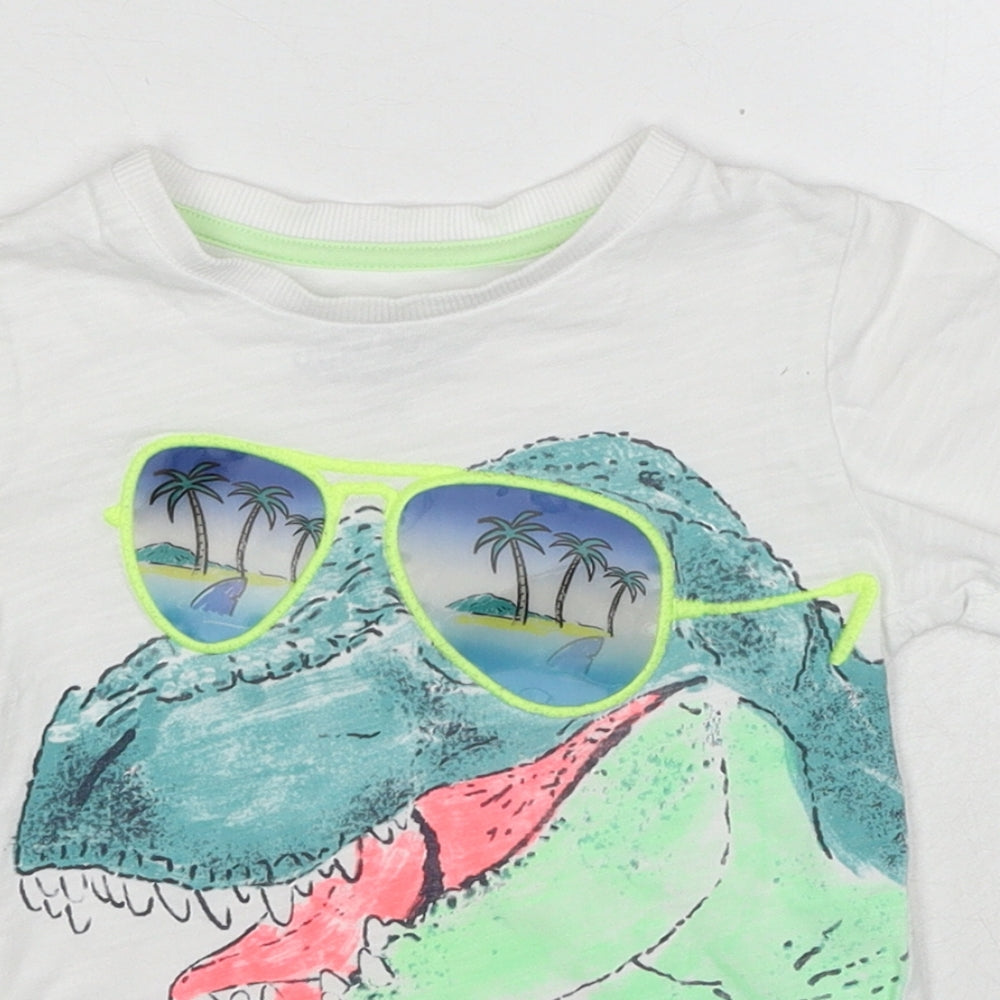 Marks and Spencer Boys White Cotton Pullover T-Shirt Size 2-3 Years Round Neck Pullover - Dinosaur