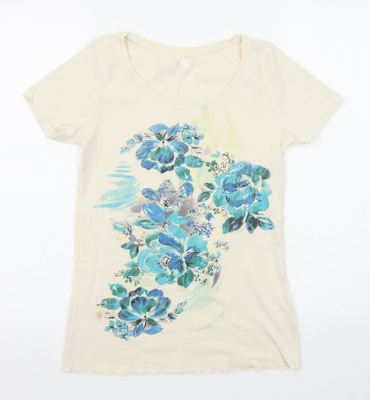 Savoir Womens Beige Floral Cotton Basic T-Shirt Size 12 Round Neck