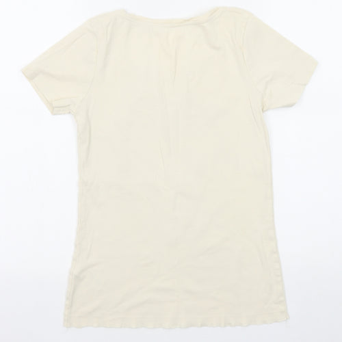 Savoir Womens Beige Floral Cotton Basic T-Shirt Size 12 Round Neck