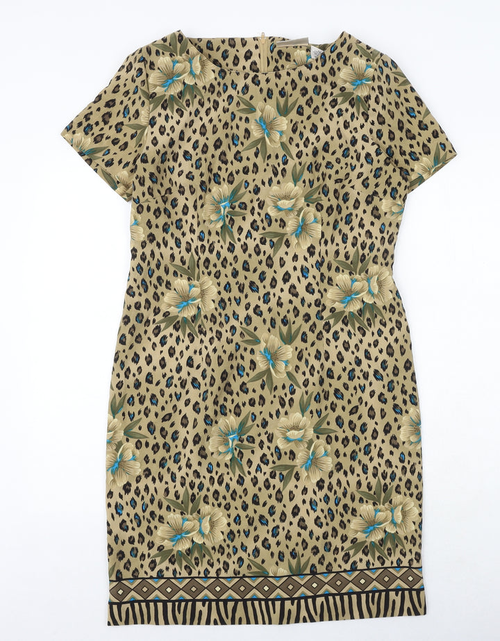 Kathie Leo Womens Gold Geometric Polyester A-Line Size 8 Round Neck Zip - Leopard Flower Pattern
