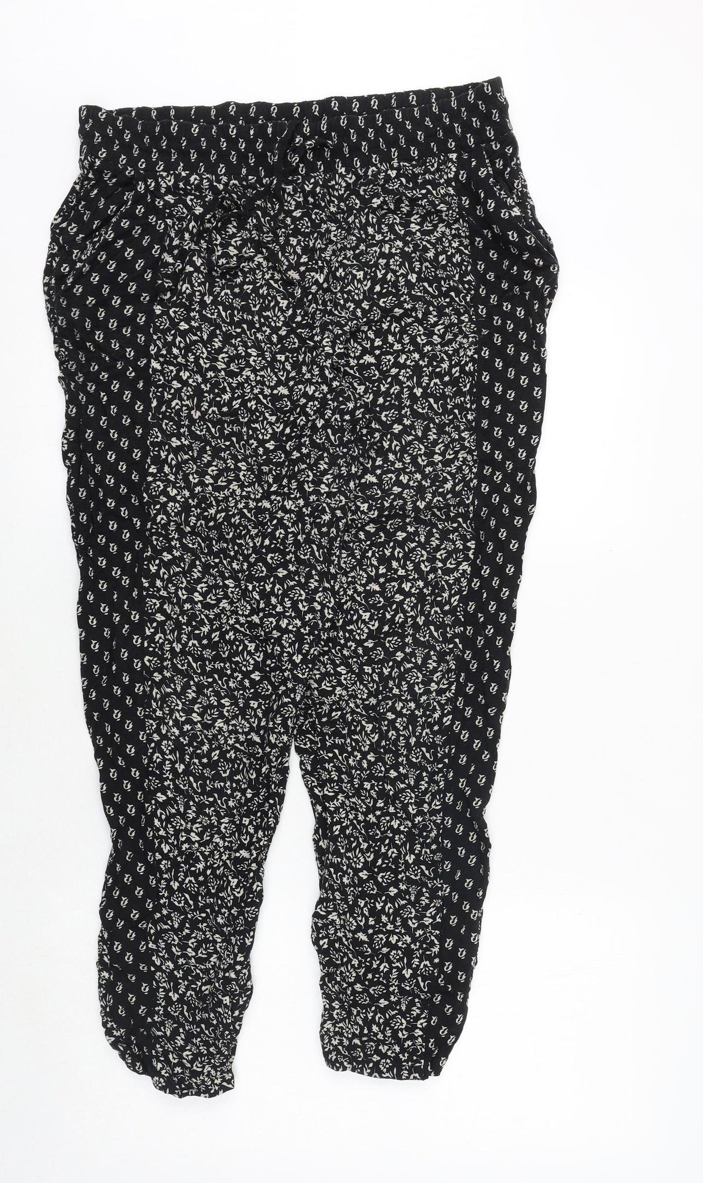 Bonmarché Womens Black Geometric Viscose Trousers Size 14 Regular Tie