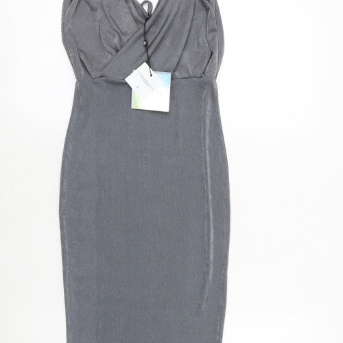 Missguided Womens Grey Polyester Slip Dress Size 4 V-Neck Pullover