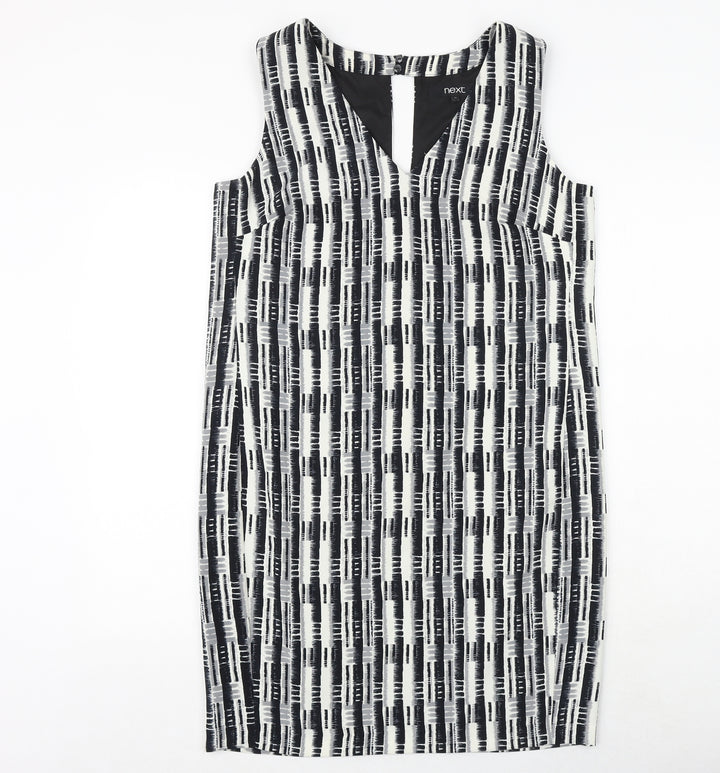 NEXT Womens Black Geometric Polyester Shift Size 12 V-Neck Zip