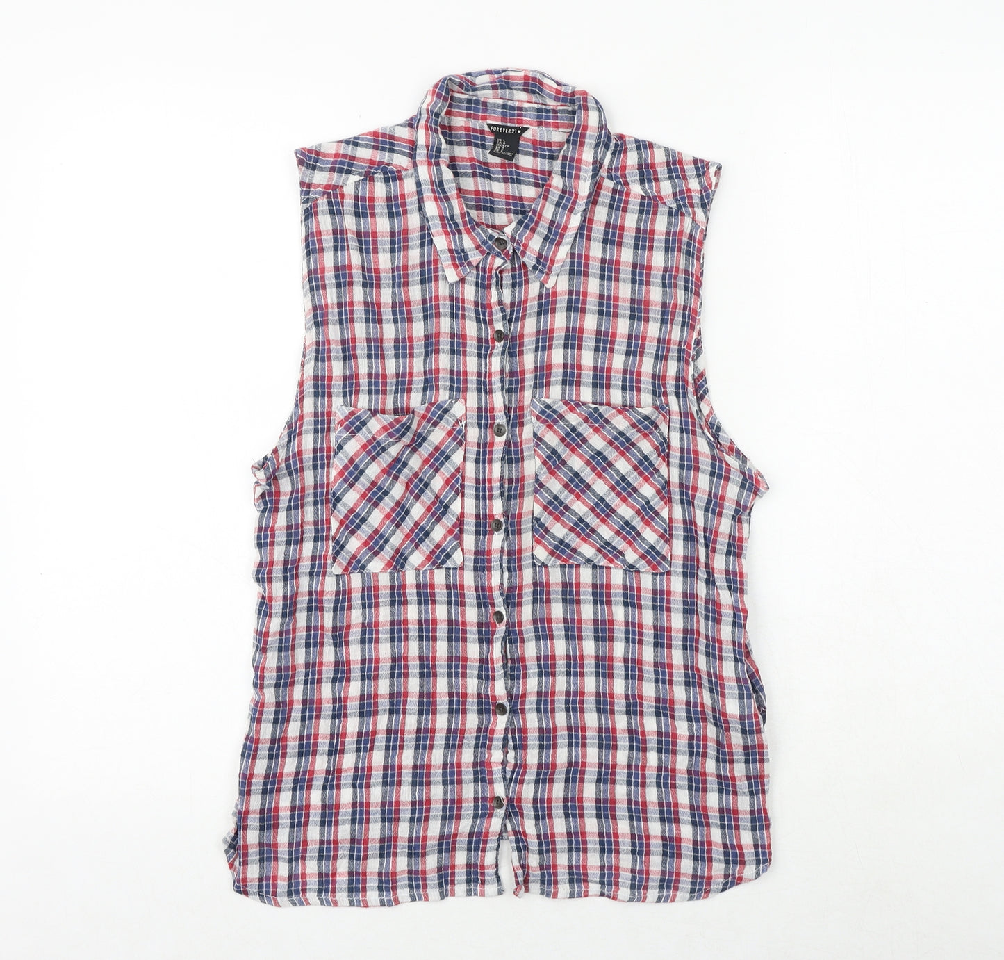 FOREVER 21 Womens Multicoloured Plaid 100% Cotton Basic Button-Up Size L Collared