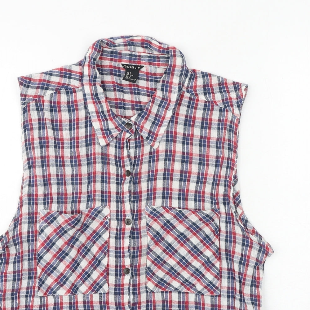 FOREVER 21 Womens Multicoloured Plaid 100% Cotton Basic Button-Up Size L Collared