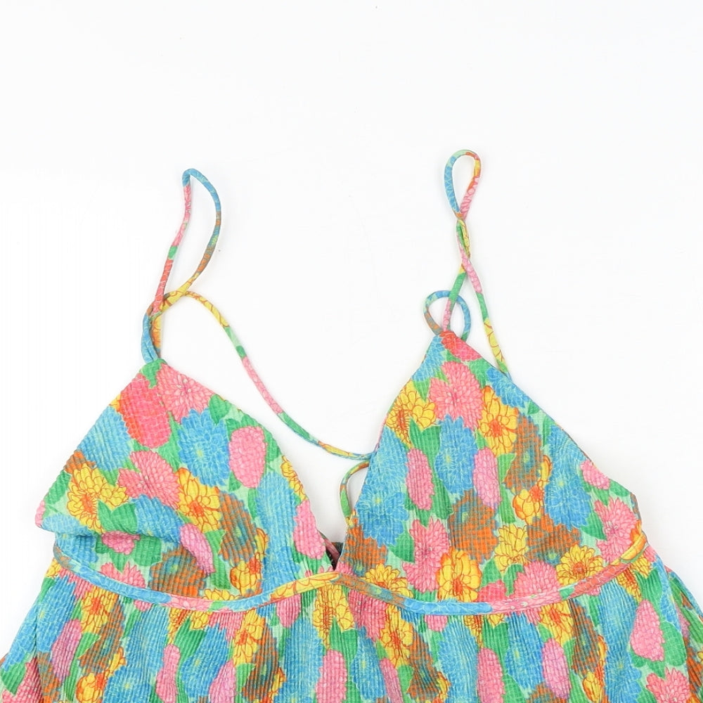 Zara Womens Multicoloured Floral 100% Cotton Basic Tank Size L V-Neck
