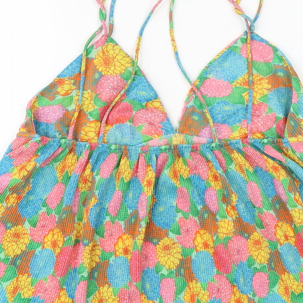 Zara Womens Multicoloured Floral 100% Cotton Basic Tank Size L V-Neck
