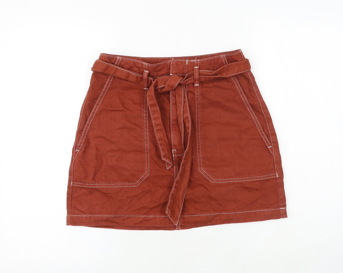 Topshop Womens Orange Cotton A-Line Skirt Size 10 Tie