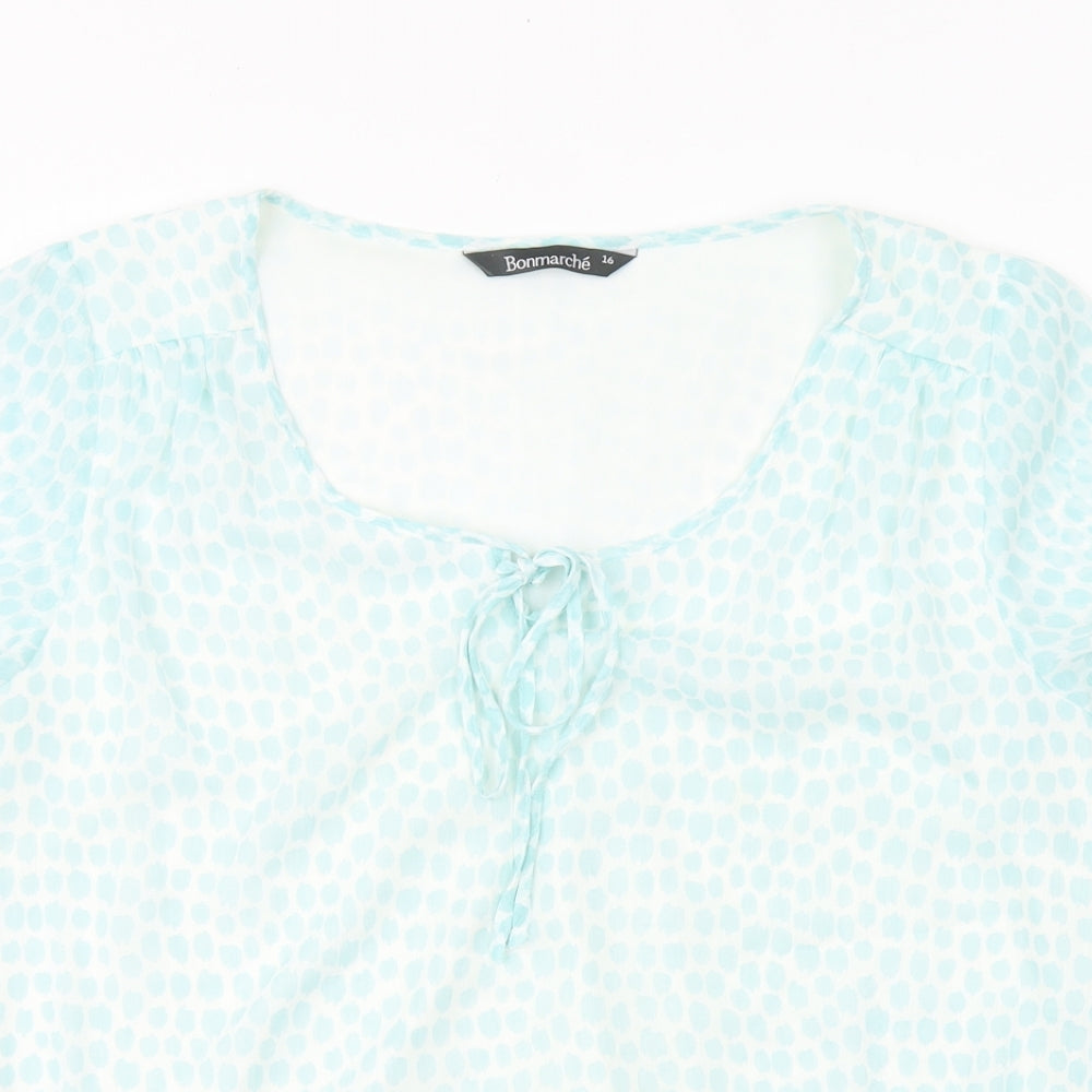 Bonmarché Womens Blue Geometric Polyester Basic T-Shirt Size 16 Round Neck