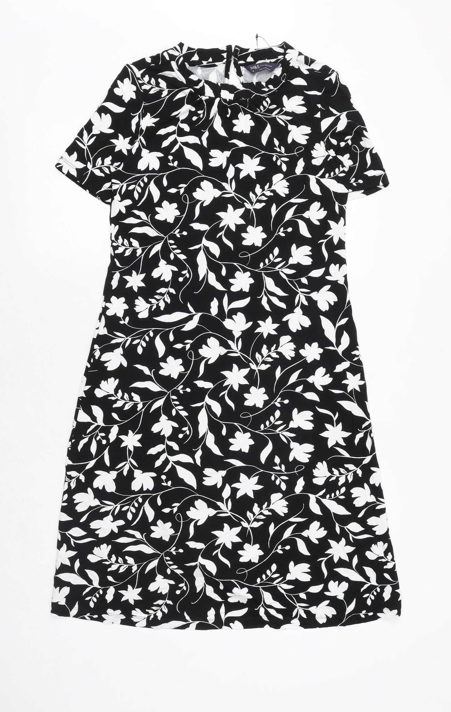 Marks and Spencer Womens Black Floral Viscose A-Line Size 8 Boat Neck Button