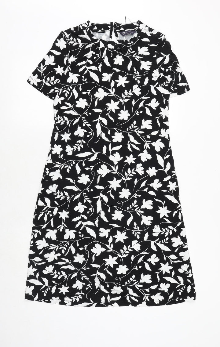 Marks and Spencer Womens Black Floral Viscose A-Line Size 8 Boat Neck Button