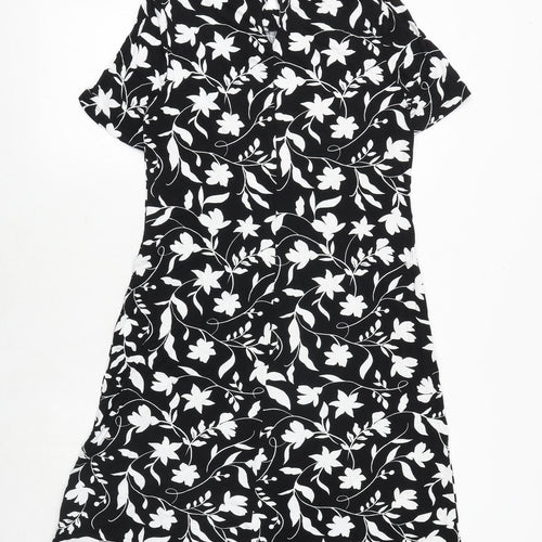 Marks and Spencer Womens Black Floral Viscose A-Line Size 8 Boat Neck Button