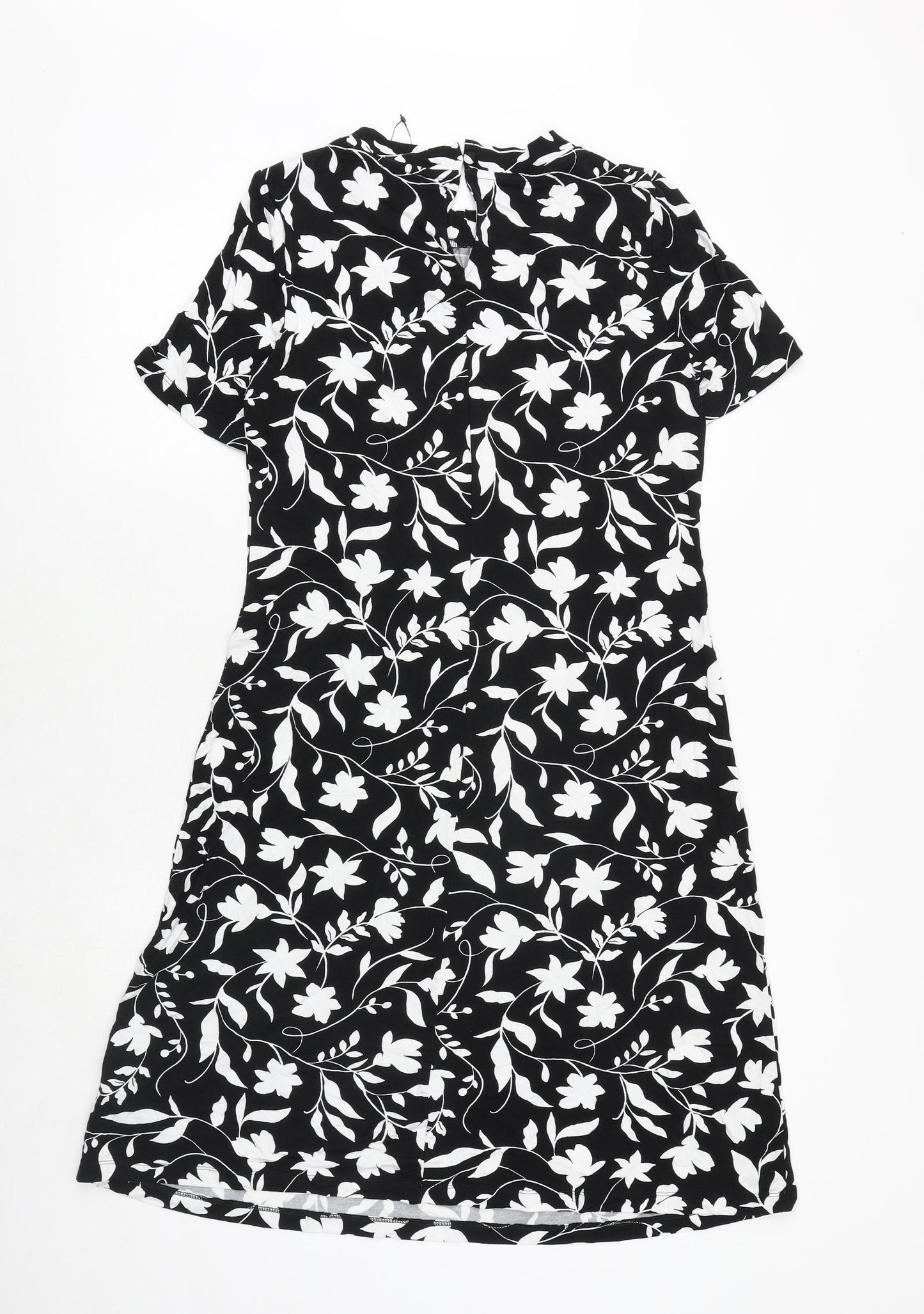 Marks and Spencer Womens Black Floral Viscose A-Line Size 8 Boat Neck Button