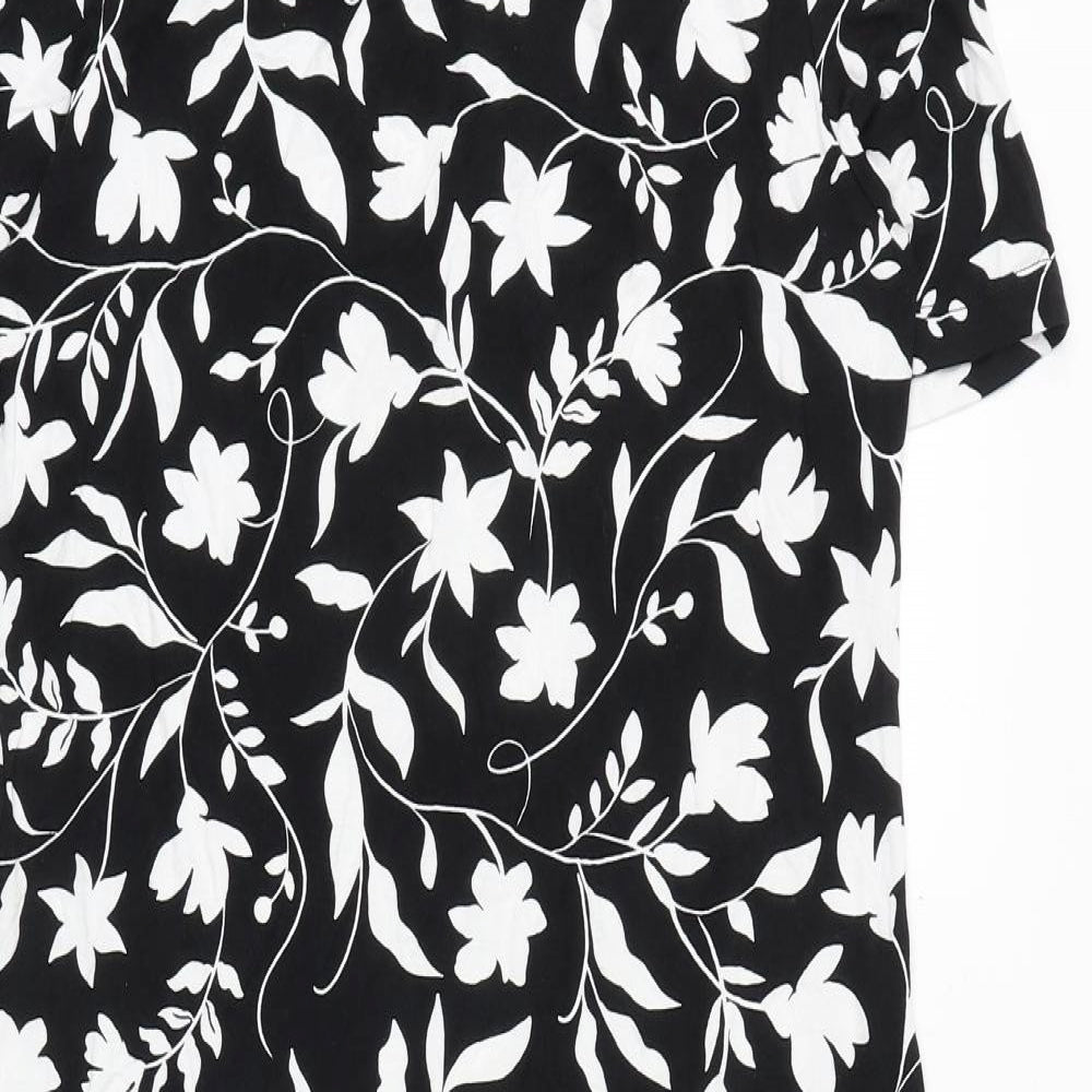 Marks and Spencer Womens Black Floral Viscose A-Line Size 8 Boat Neck Button
