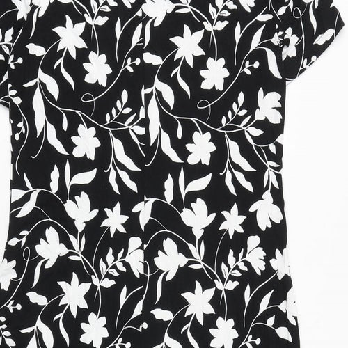 Marks and Spencer Womens Black Floral Viscose A-Line Size 8 Boat Neck Button