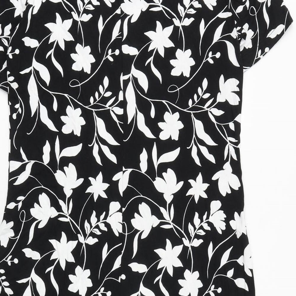 Marks and Spencer Womens Black Floral Viscose A-Line Size 8 Boat Neck Button