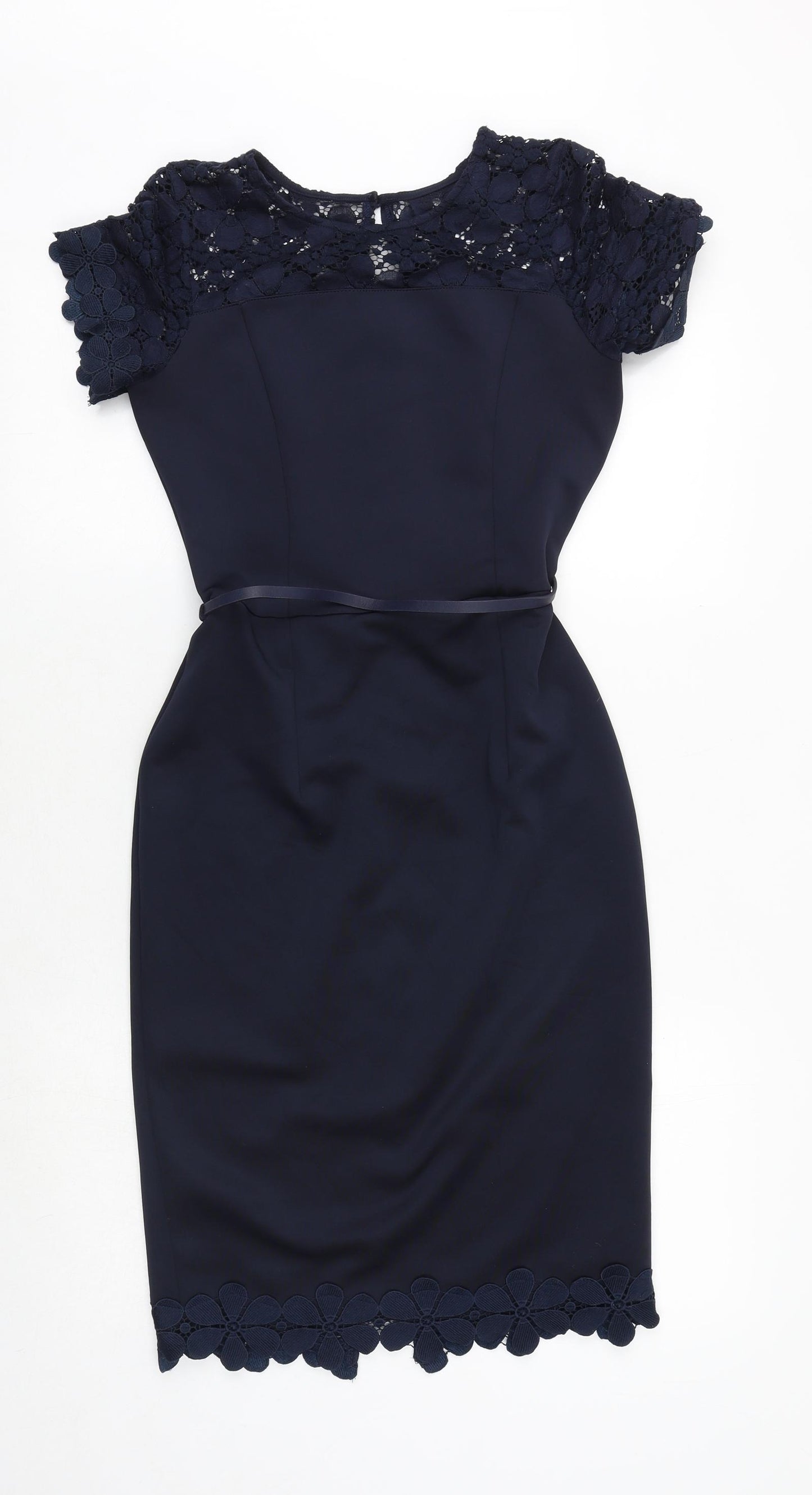 Dorothy Perkins Womens Blue Polyester Pencil Dress Size 8 Boat Neck Zip - Lace Detail