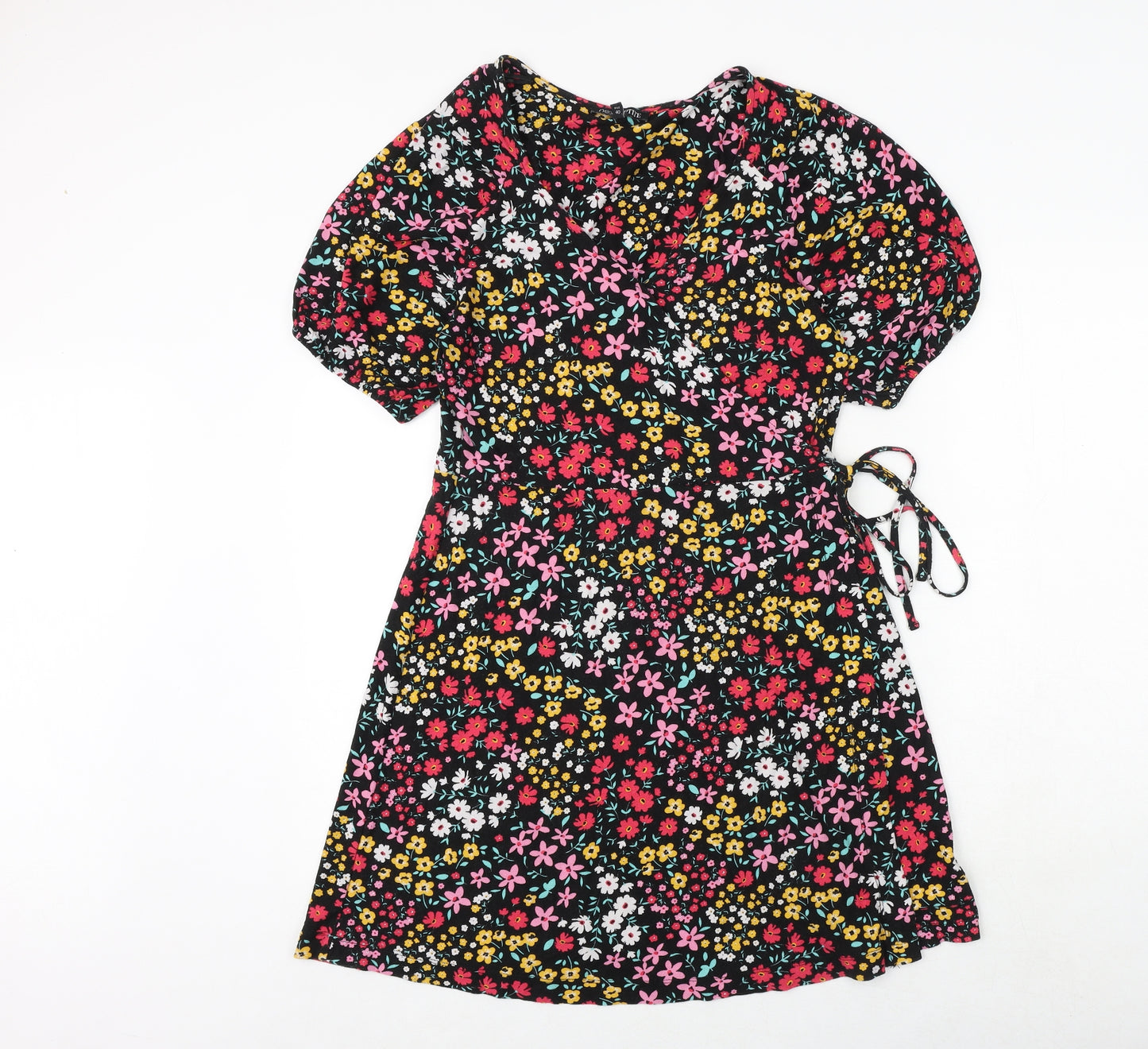 NEXT Womens Black Floral Viscose Wrap Dress Size 12 V-Neck Tie