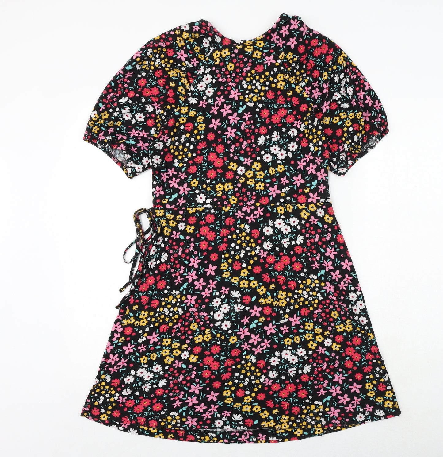 NEXT Womens Black Floral Viscose Wrap Dress Size 12 V-Neck Tie