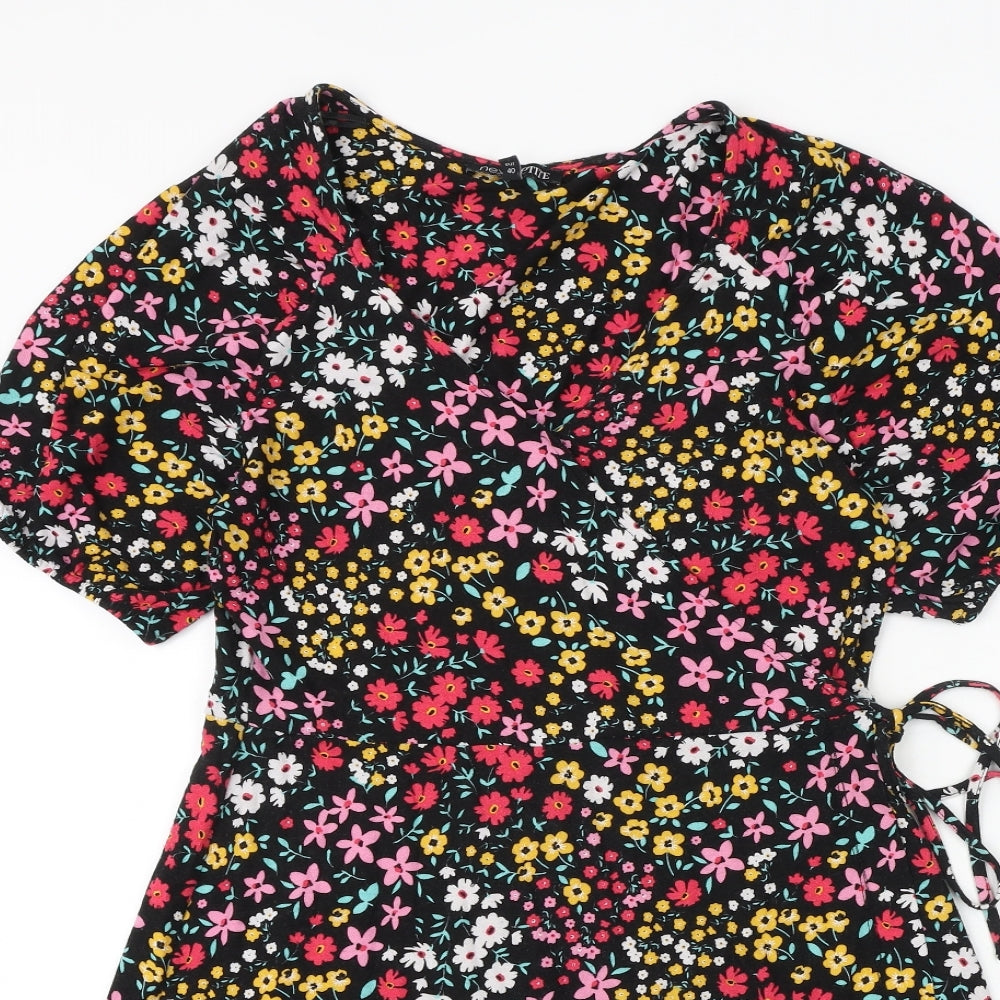 NEXT Womens Black Floral Viscose Wrap Dress Size 12 V-Neck Tie