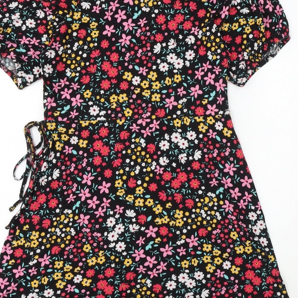 NEXT Womens Black Floral Viscose Wrap Dress Size 12 V-Neck Tie