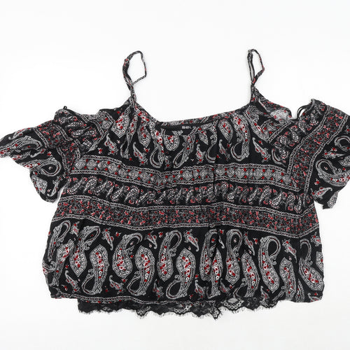 Select Womens Black Geometric Polyester Cropped Blouse Size 16 Off the Shoulder - Cold Shoulder
