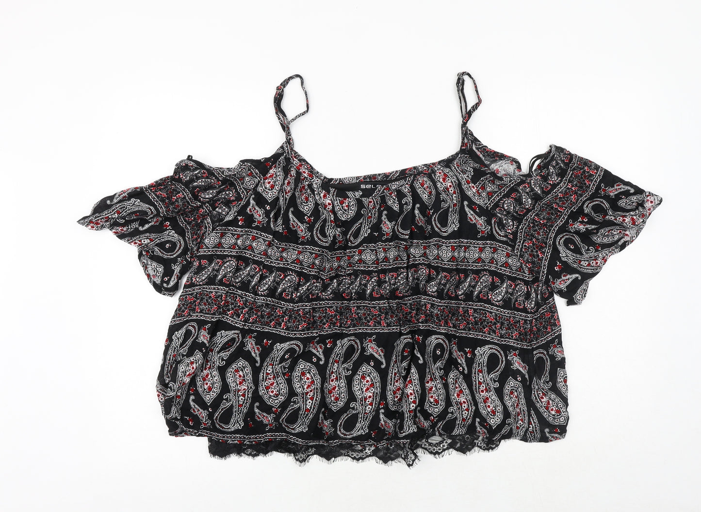 Select Womens Black Geometric Polyester Cropped Blouse Size 16 Off the Shoulder - Cold Shoulder