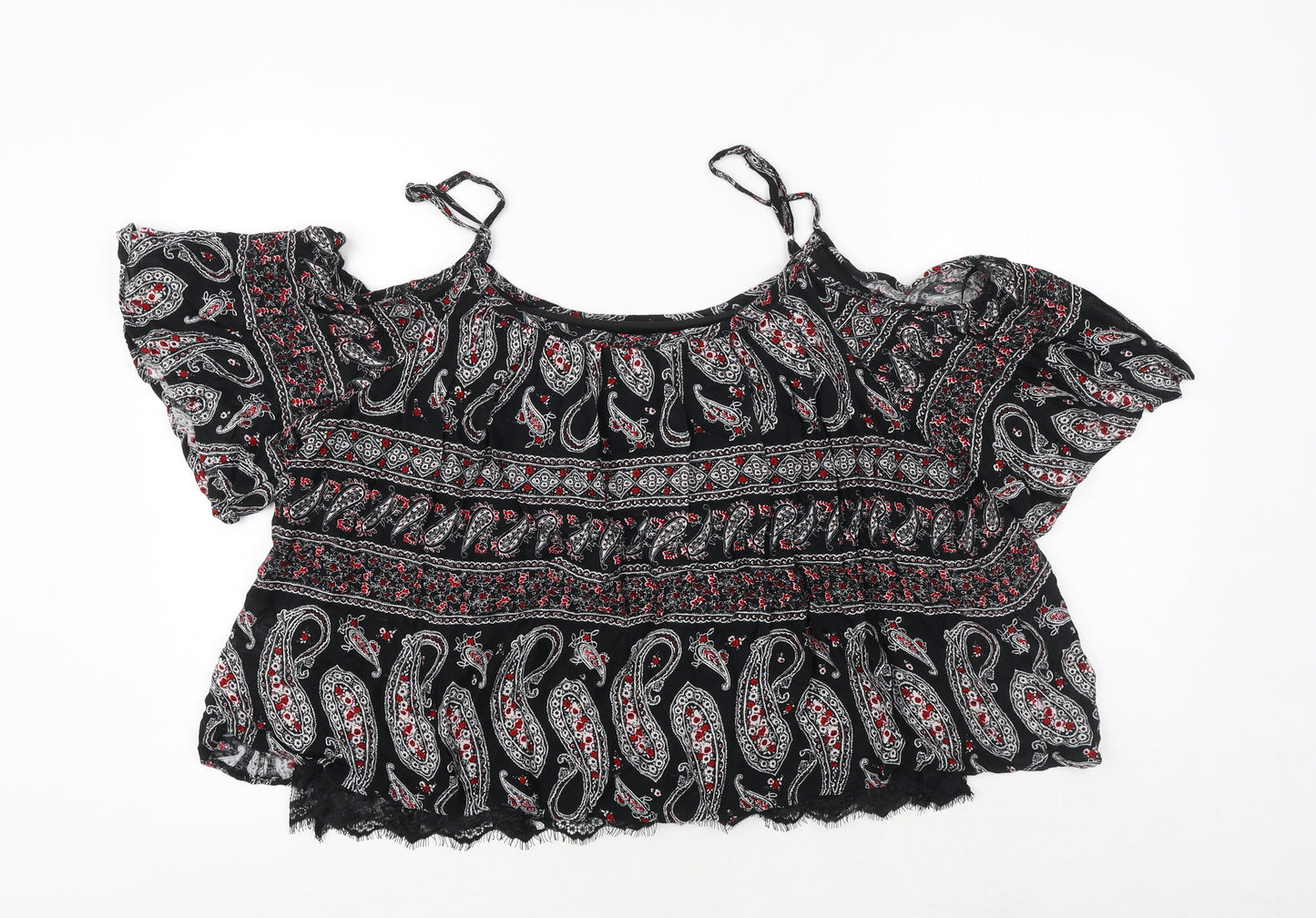 Select Womens Black Geometric Polyester Cropped Blouse Size 16 Off the Shoulder - Cold Shoulder
