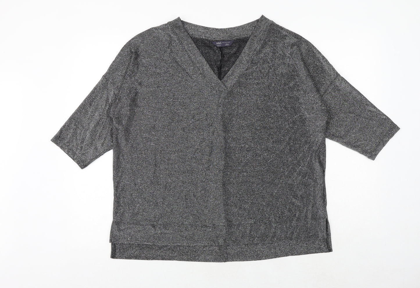 Marks and Spencer Womens Silver Polyamide Basic Blouse Size 14 V-Neck
