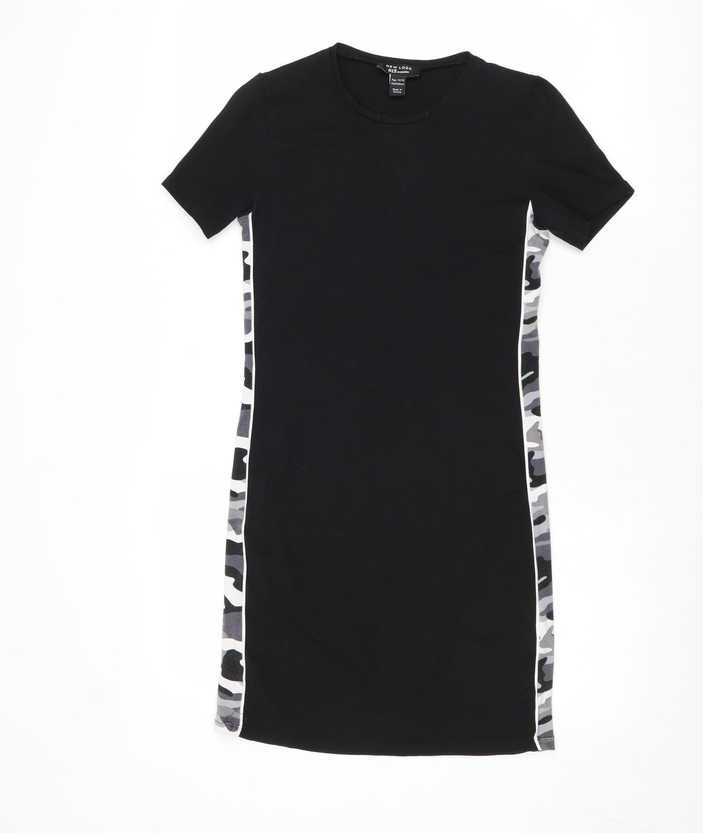 New Look Girls Black Camouflage Cotton T-Shirt Dress Size 12-13 Years Crew Neck Pullover