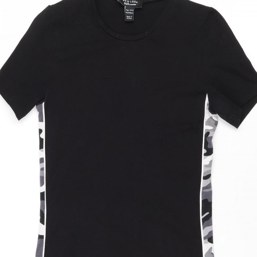 New Look Girls Black Camouflage Cotton T-Shirt Dress Size 12-13 Years Crew Neck Pullover