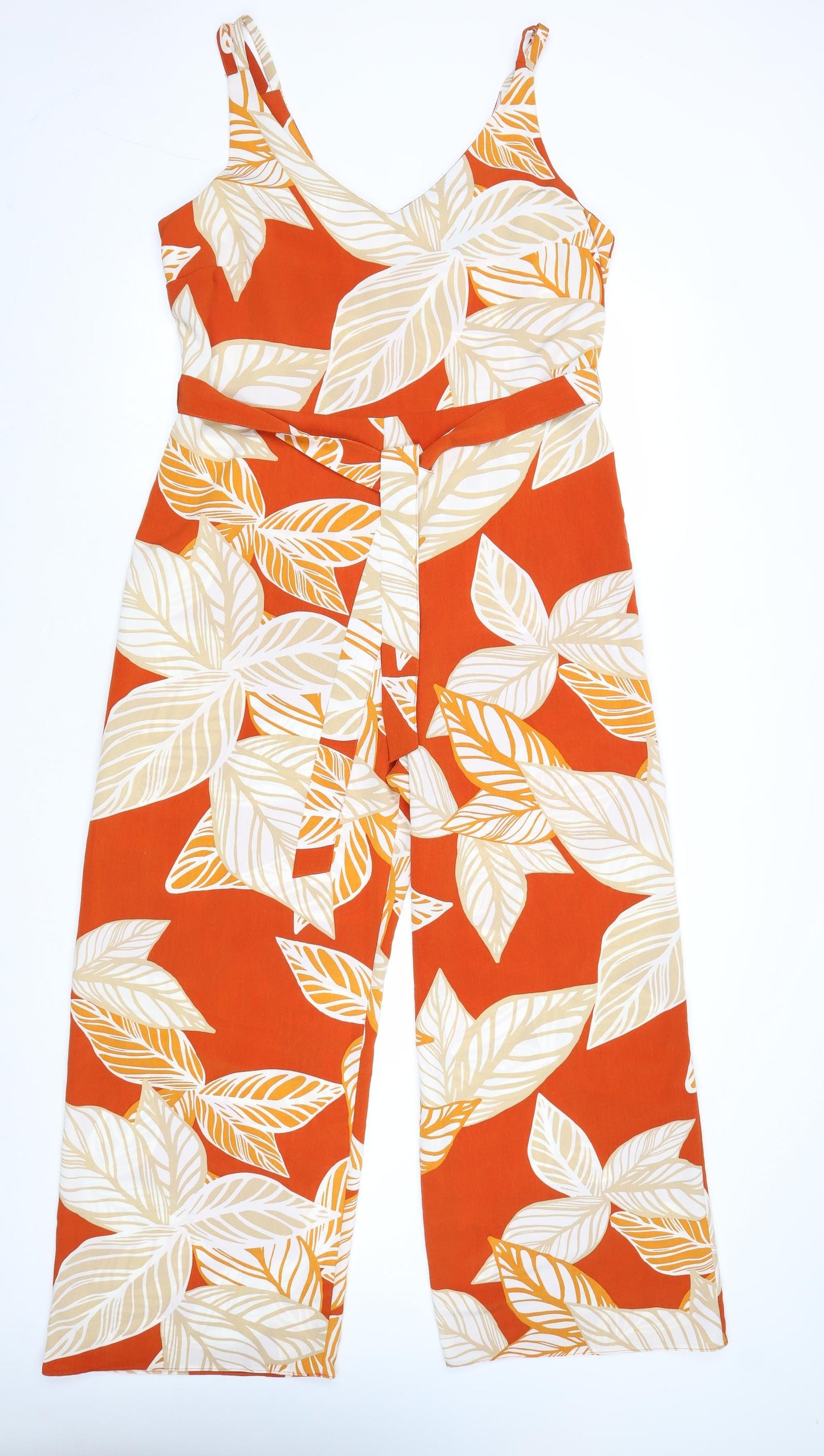 Dorothy Perkins Womens Orange Geometric Polyester Jumpsuit One-Piece Size 14 Zip - Leaf Print