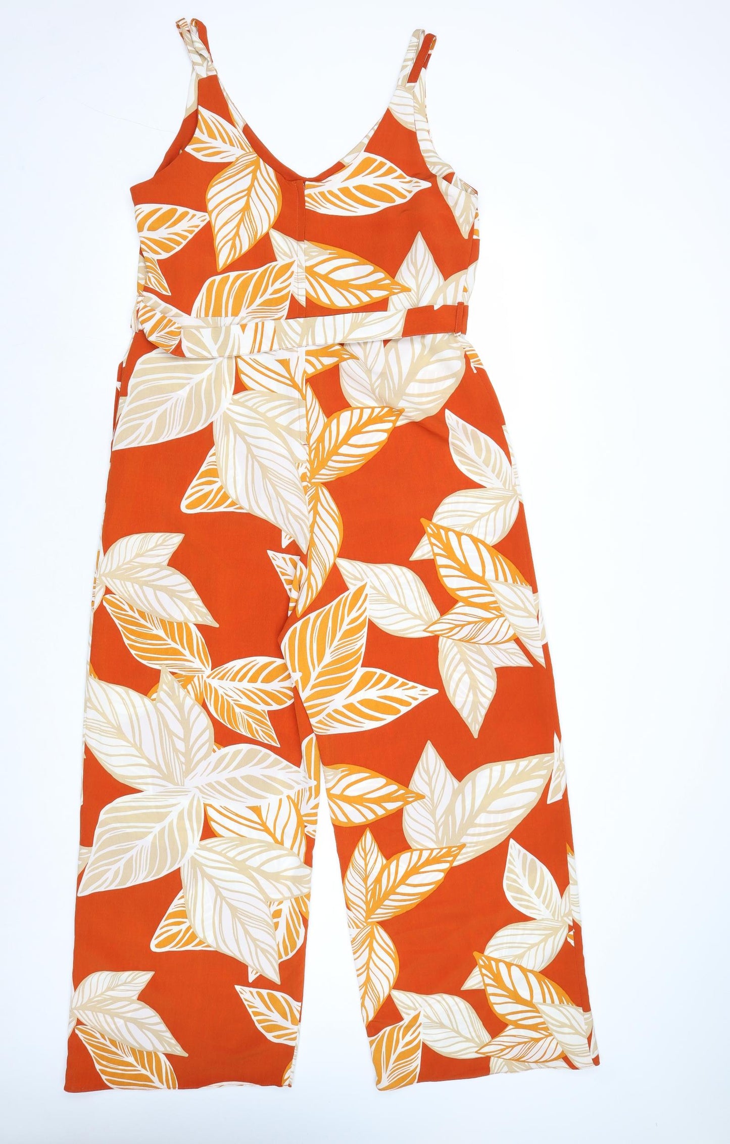 Dorothy Perkins Womens Orange Geometric Polyester Jumpsuit One-Piece Size 14 Zip - Leaf Print