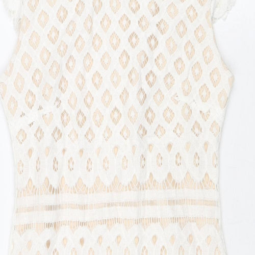 Quiz Womens White Geometric Polyester Shift Size 6 Round Neck Zip