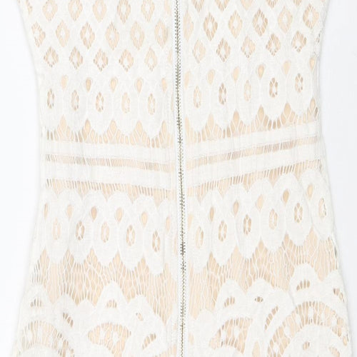 Quiz Womens White Geometric Polyester Shift Size 6 Round Neck Zip