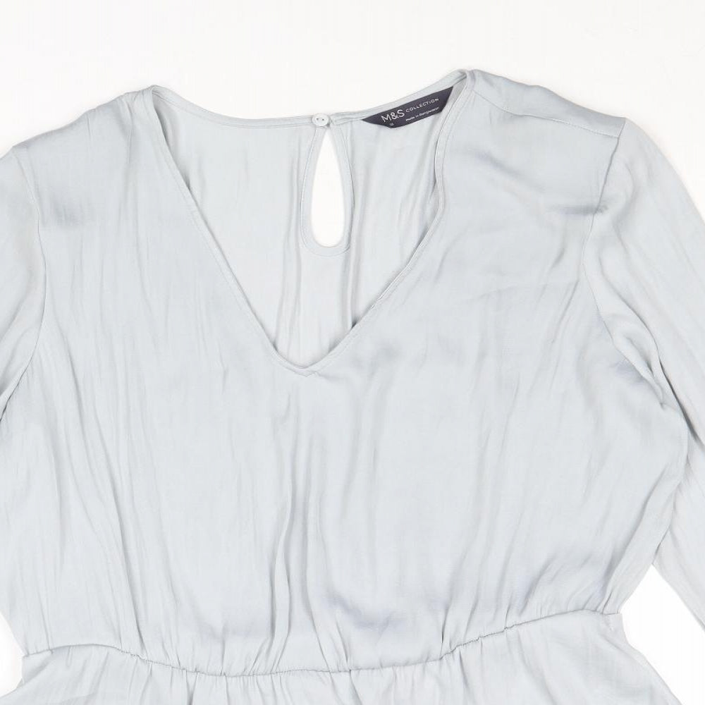 Marks and Spencer Womens Grey Polyester Basic Blouse Size 12 V-Neck
