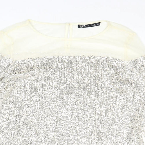 Zara Womens Silver Polyester Basic Blouse Size S Round Neck