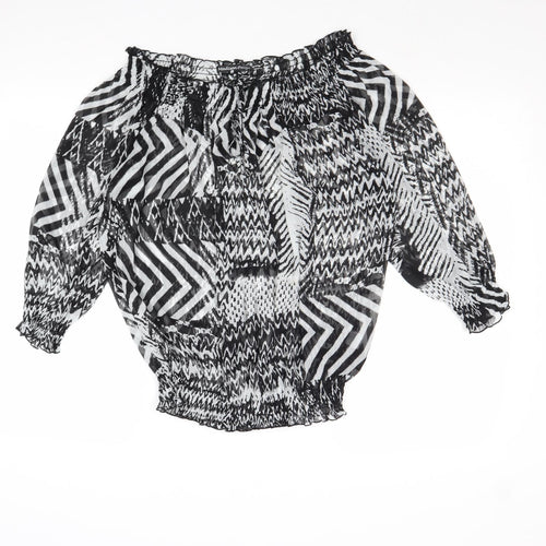 Madison Paige Womens Black Geometric Polyester Basic Blouse Size L Off the Shoulder