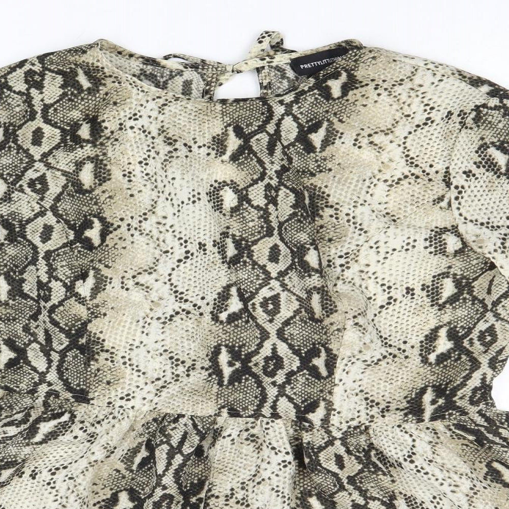 PRETTYLITTLETHING Womens Multicoloured Animal Print Polyester Basic Blouse Size 12 Round Neck - Snakeskin Pattern