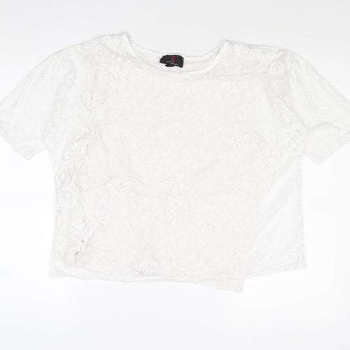 Simon Jefferey Womens White Floral Polyester Basic T-Shirt Size M Round Neck - Size M-L