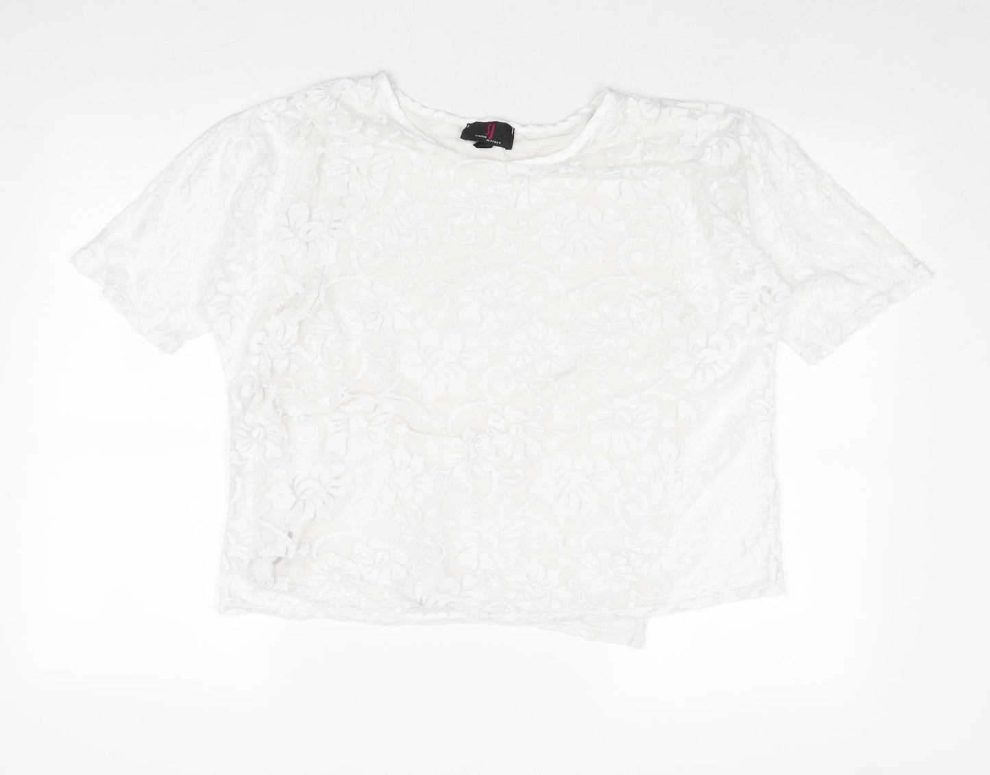 Simon Jefferey Womens White Floral Polyester Basic T-Shirt Size M Round Neck - Size M-L